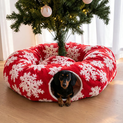 Dachshund inside the Pupper Pet Tunnel under a Christmas tree
